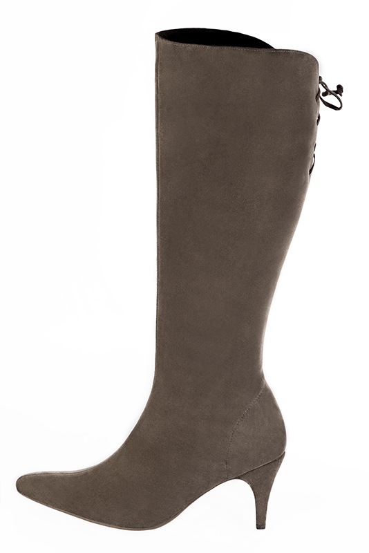 Custom-made women's taupe brown elegant knee-high boots, with laces at the back. Tapered toe. High slim heel - Profile view